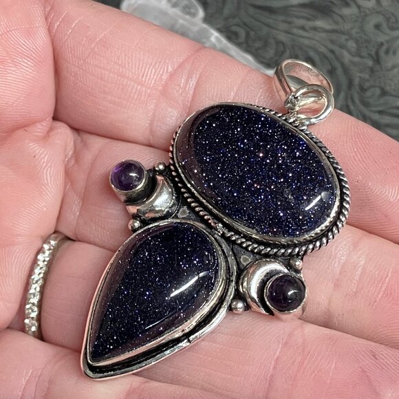 Witchy Fairy Core Blue Goldstone Amethyst Crescent Moon Pendant Crystal Stone Je - Picture 4 of 5